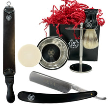 Cargar imagen en el visor de la galería, Men Straight Razor Gift Set Classic Gift 5/8" Carbon Steel, hollow ground blade with leather honing strop whet and Drip Stand Gold (black)