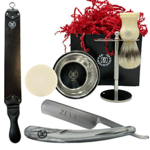 Cargar imagen en el visor de la galería, Men Straight Razor Gift Set Classic Gift 5/8" Carbon Steel, hollow ground blade with leather honing strop whet and Drip Stand Gold (Gray)