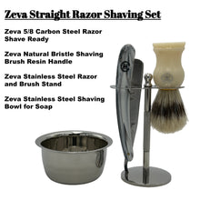 Cargar imagen en el visor de la galería, Men Straight Razor Gift Set Classic Gift 5/8" Carbon Steel, hollow ground blade with leather honing strop whet and Drip Stand Gold (Gray)