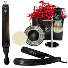 Cargar imagen en el visor de la galería, Straight Wet Shaving Set Wood Classic Gift 5/8" Carbon Steel, hollow ground blade with leather honing strop whet and Drip Stand