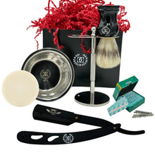 Load image into Gallery viewer, Men Straight Razor Set with Disposable Blades Beard Lineup Shapeup Classic Shavette 100 Blades Replacement Brush Shave Stand and Shave bowl and Soap