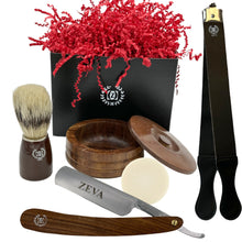 Cargar imagen en el visor de la galería, Men Straight Razor Gift Set Classic Gift 5/8" Carbon Steel, hollow ground blade with leather honing strop whet and Drip Stand Gold (Brown)