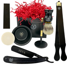 Cargar imagen en el visor de la galería, Men Straight Razor Gift Set Classic Gift 5/8" Carbon Steel, hollow ground blade with leather honing strop whet and Drip Stand Gold (gold)