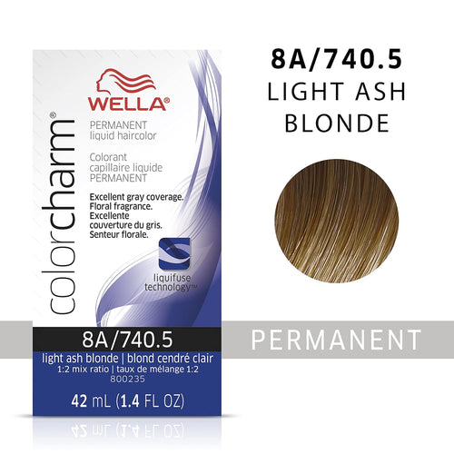 8A / 740.5 -LIGHT ASH BLONDE WELLA Color Charm Permanent Liquid Hair Color for Gray Coverage