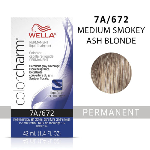 7A / 672 -MED SMOKEY ASH BLONDE WELLA Color Charm Permanent Liquid Hair Color for Gray Coverage