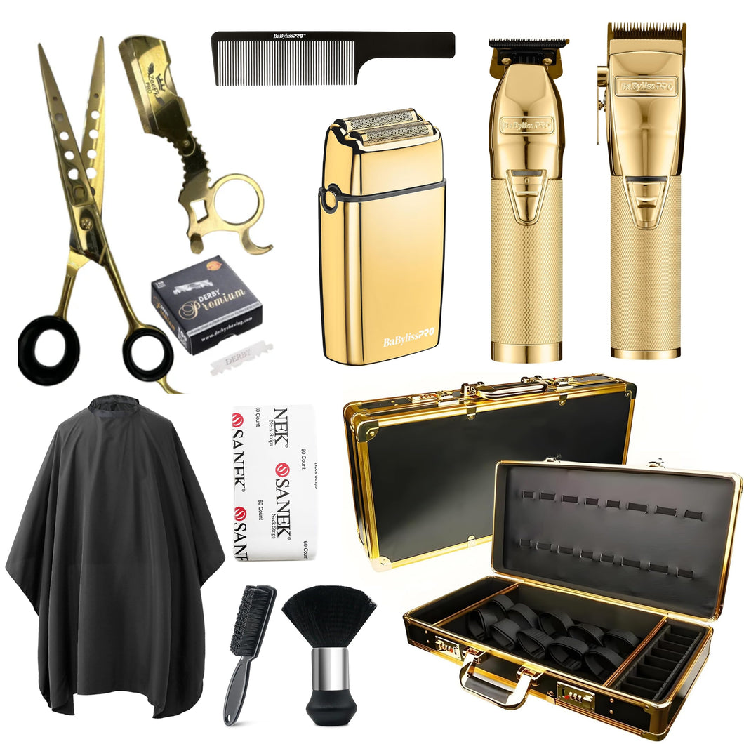 Ultimate Gold FX Master Barber Kit | BaBylissPRO Clipper & Trimmer Set, Pro Shears, Shaver, & Deluxe Case for Men