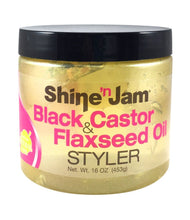 Cargar imagen en el visor de la galería, Shine N Jam Black Castor &amp; Flaxseed Oil Styler Gel 16oz