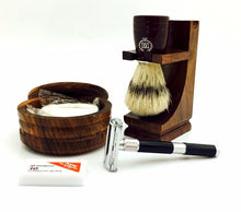 Load image into Gallery viewer, 4&quot; DE SAFETY RAZOR -  wood stand, bristle brush,bowl,soap shaving set in gift box - Liberty Beauty Supply