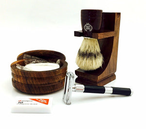 4" DE SAFETY RAZOR -  wood stand, bristle brush,bowl,soap shaving set in gift box - Liberty Beauty Supply