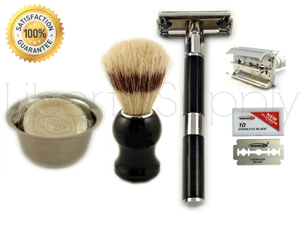 MEN'S SHAVING SET long handle de safety razor, brush, cup, soap, blades - Liberty Beauty Supply