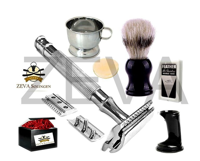 Men's Shaving Kit Set Heavy Duty Long Handled Safety Razor W/ Feather Blades - Liberty Beauty Supply