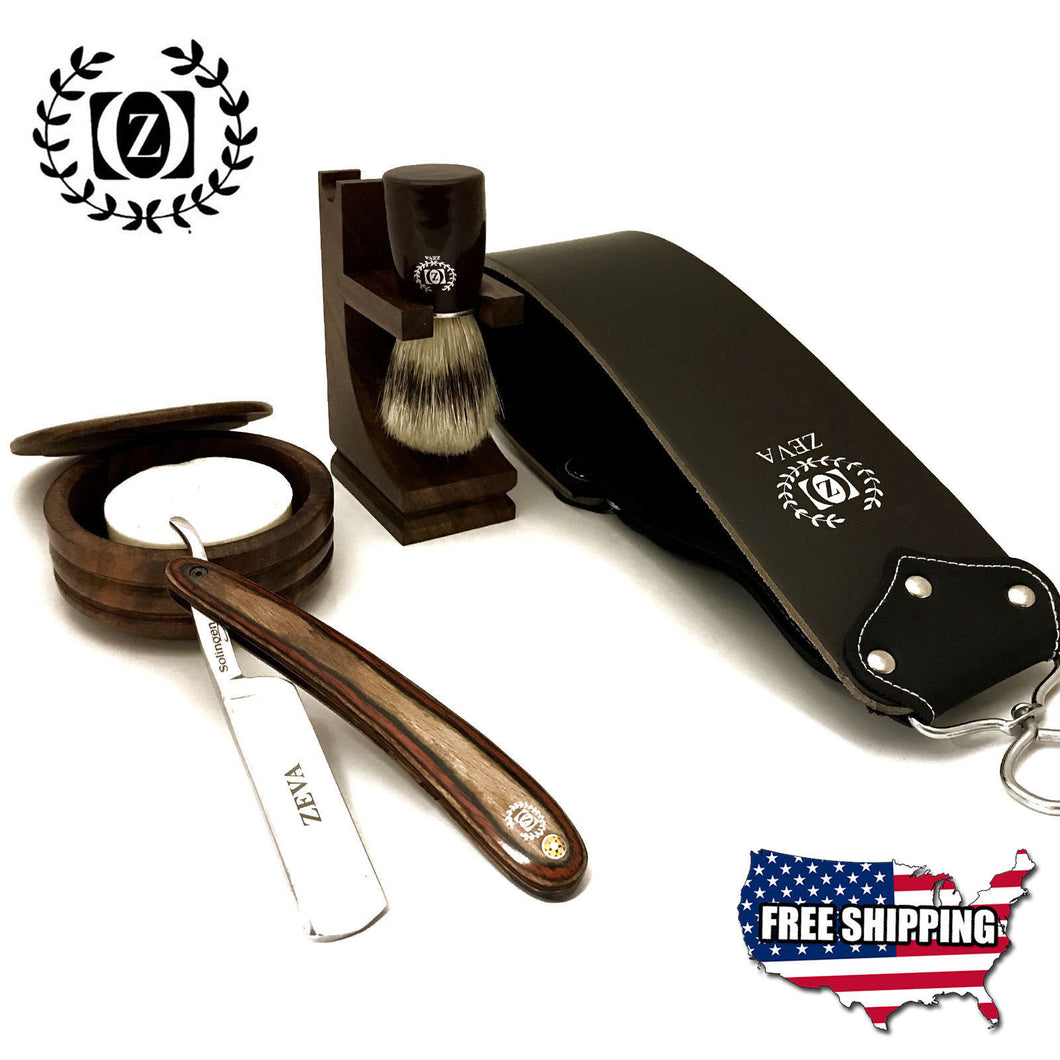 Wet Shaving Set/Kit- Straight Razor Strop Brush Cup Stand 6 Pc Wooden Made - Liberty Beauty Supply