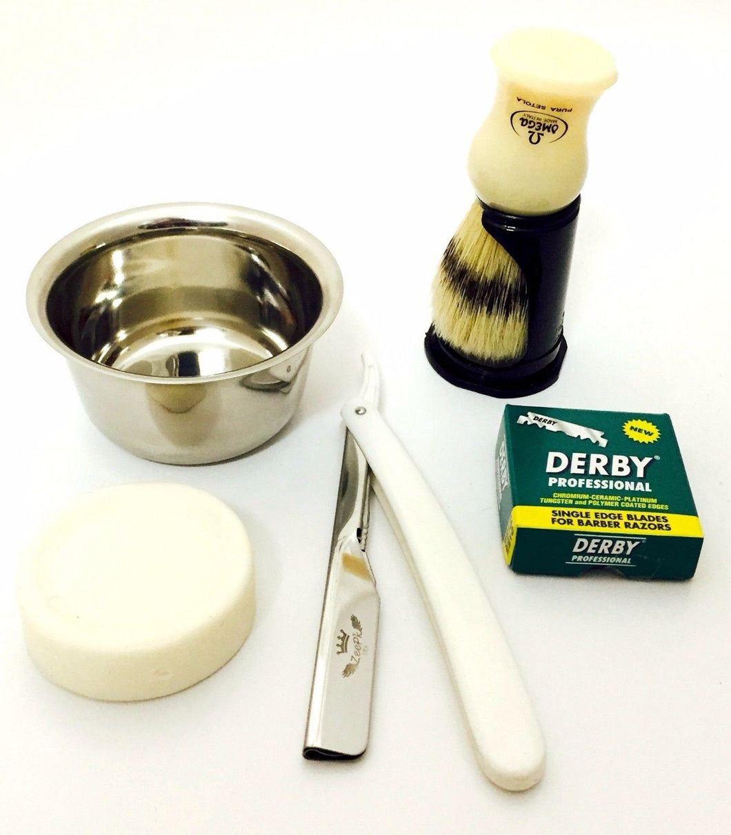5 Pcs Cut Throat Shavette Razor, Cup, Brush, Soap & 100 Derby Blades Set/kit - Liberty Beauty Supply