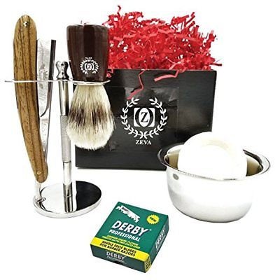 Men Shavette Shaving Gift Set Zeepk Wooden Handle Straight Razor 100 Derby Blade - Liberty Beauty Supply