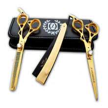 Cargar imagen en el visor de la galería, Gold Professional 6&quot; Salon Hair Cutting Scissors Thinner Barber Shears Razor Kit - Liberty Beauty Supply