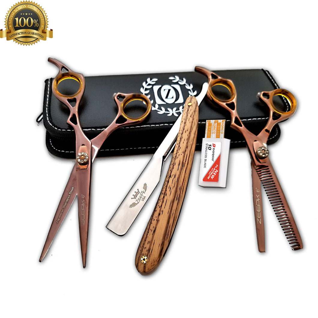 Wooden Handle Razor Close Shave Shears Combo Hair Salon Scissors 6