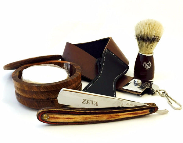 Classic Wooden 5 Pcs Cut Throat Men's Straight Edge Razor Shaving Set/Kit - Liberty Beauty Supply