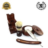 5 Pc Men's Wet Cut Throat Wooden Straight Edge Razor Shaving Set Kit Shave Ready - Liberty Beauty Supply