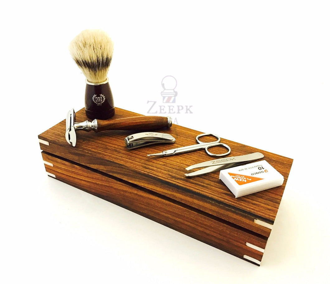 Vintage Wooden 6 Pc Men's Grooming Kit- De Safety Razor, Brush, Scissor, Tweezer - Liberty Beauty Supply