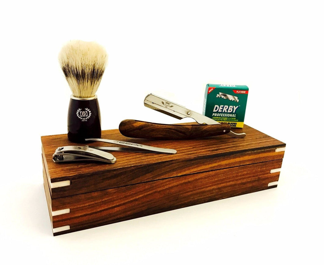 Deluxe Hand Made Wooden Straight Shaving Razor, Shaving Brush, 100 Derby Blades - Liberty Beauty Supply