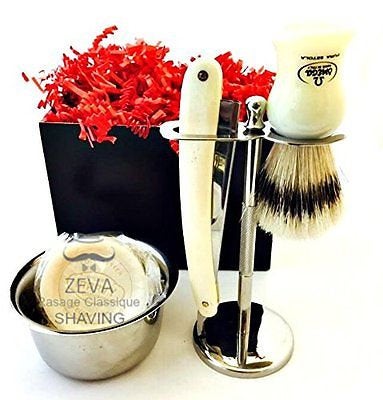 Mens Shaving Set Camel Bone Gift Kit Clean Brush Stand Soap Bowl Barber Navaja - Liberty Beauty Supply