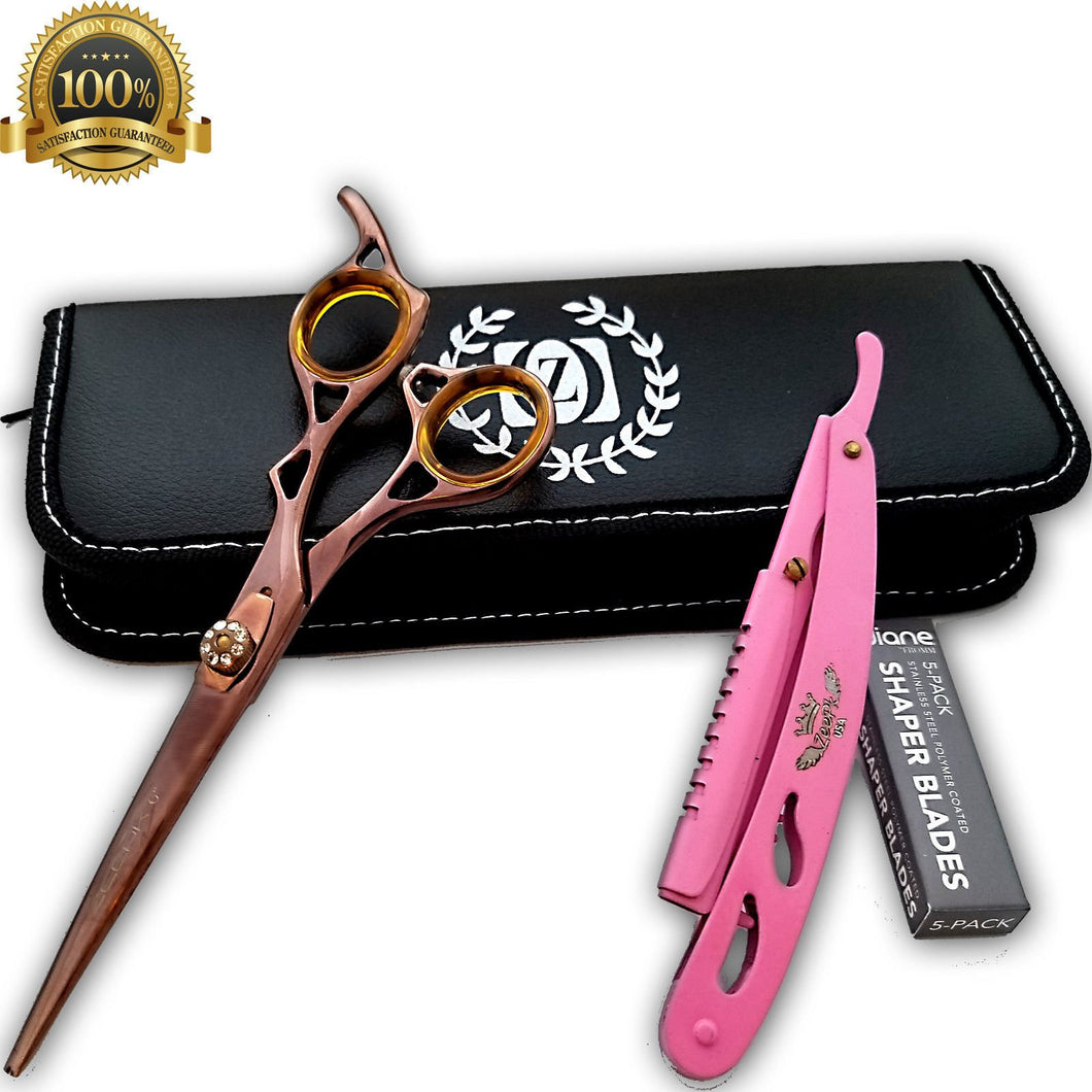 New Professional Barber Hairdressing Scissors Set BRONZE Edition & Razor Kit 6