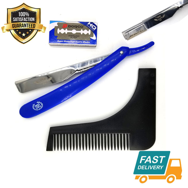 blue wet shaving steel barber straight cut throat razor shavette + beard shaper - Liberty Beauty Supply