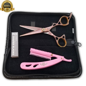 New Professional Barber Hairdressing Scissors Set BRONZE Edition & Razor Kit 6" - Liberty Beauty Supply