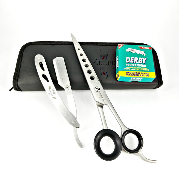 8" Hair Cutting Scissors Barber Shears ICE Tempered Barber Razor 100 Derby Zeepk - Liberty Beauty Supply